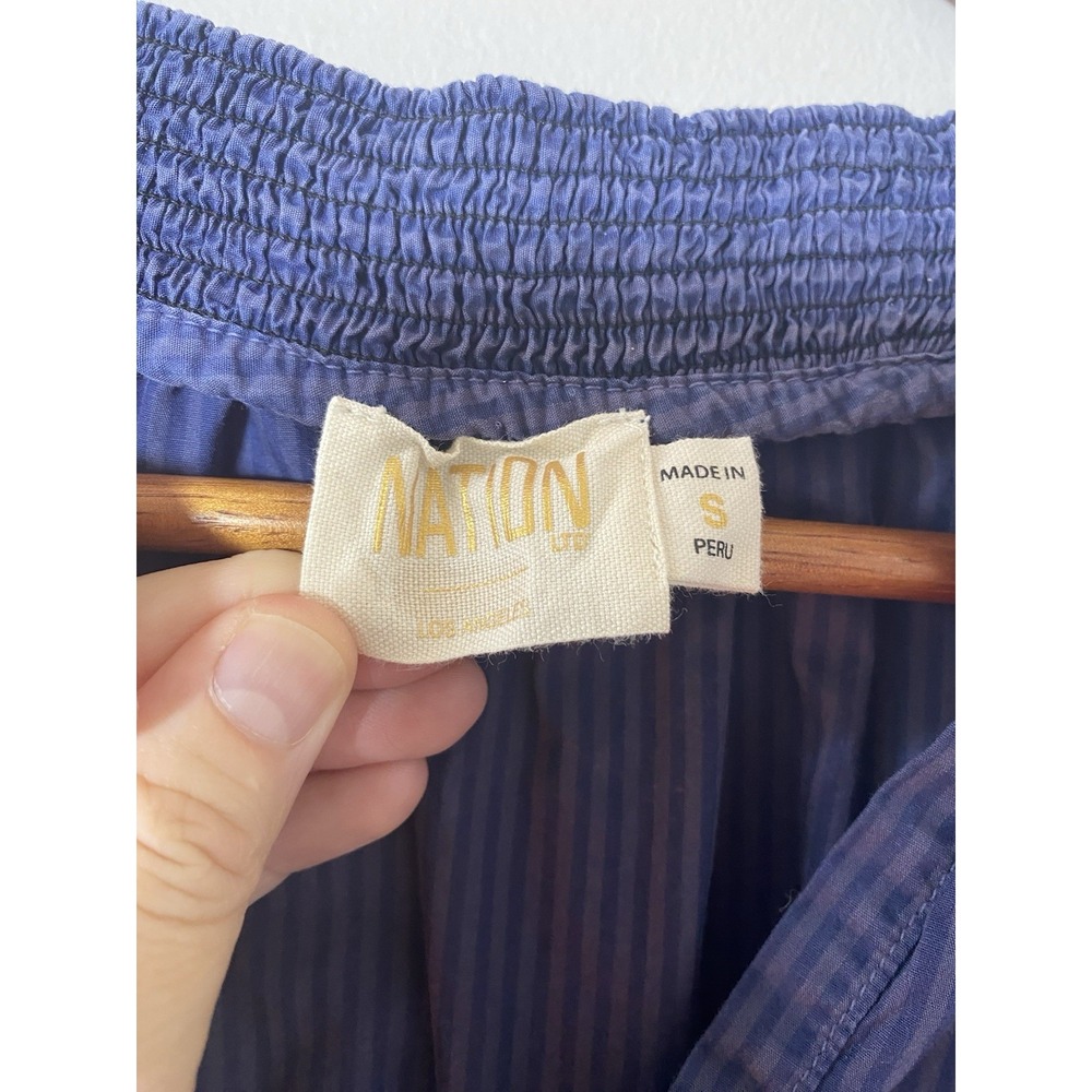 NATION LTD Estelle Poplin Peasant Blouse SMALL Blue Striped Pima Smocked Cuff - Picture 5 of 7